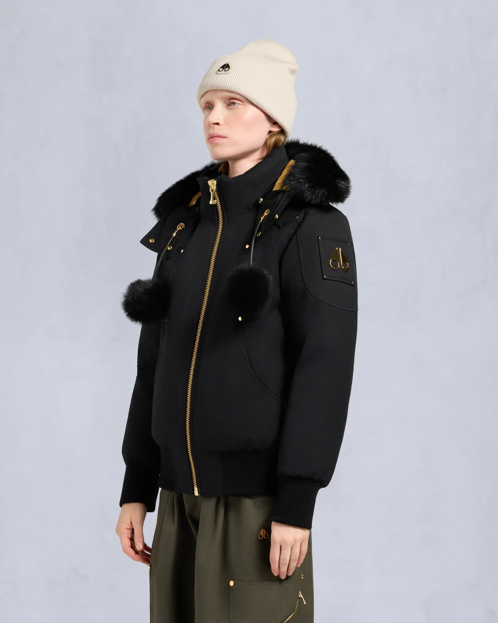 GOLD SERIES ORIGINAL SAINTE FLAVIE SHEARLING TRIM BOMBER JACKET-BLACK/BLACK - Image 2