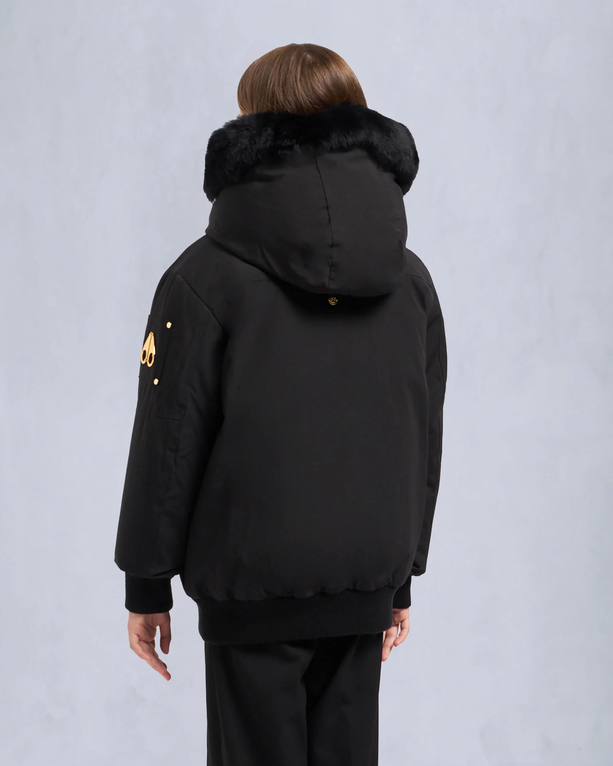 KIDS  UNISEX ORIGINAL GOLD SERIES SHEARLING TRIM BOMBER JACKET-BLACK/BLACK - Image 3