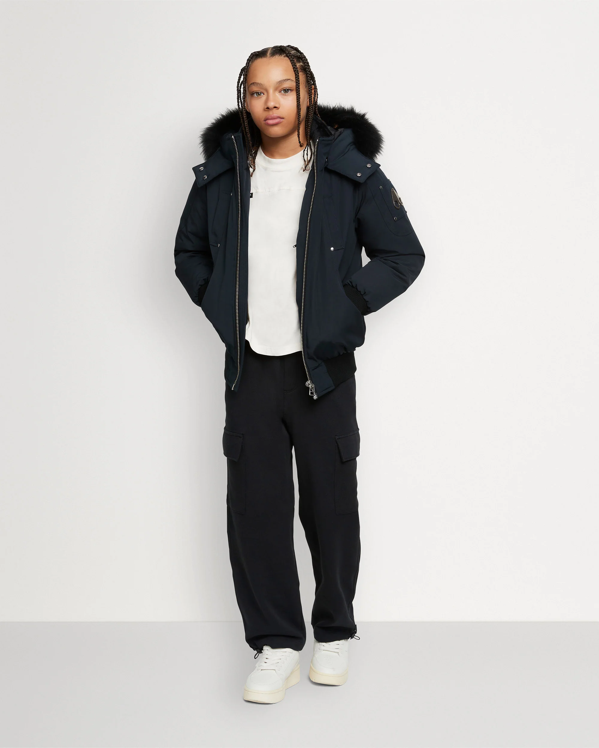 KIDS UNISEX ORIGINAL SHEARLING TRIM BOMBER -NAVY/BLACK - Image 5